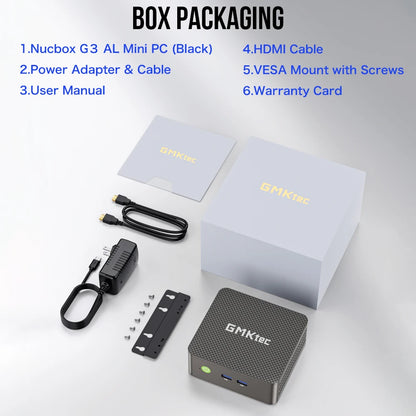 GMKtec Nucbox G3 AL Mini PC packaging with components on a white background