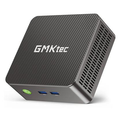 Small black device with GMKtec branding on a white background