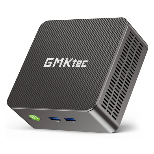 Small black device with GMKtec branding on a white background