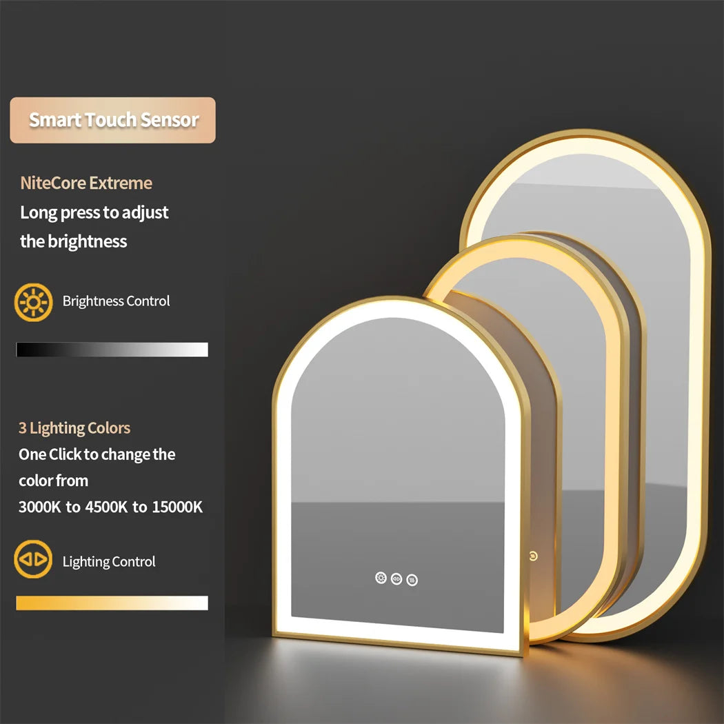 Lighted mirrors with smart touch sensor controls on a dark background