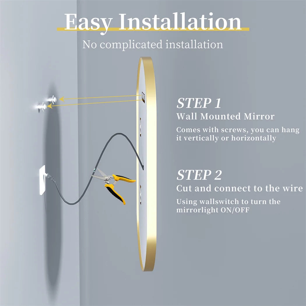 Wall-mounted mirror with installation instructions on a gray background