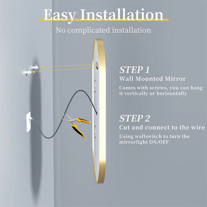 Wall-mounted mirror with installation instructions on a gray background