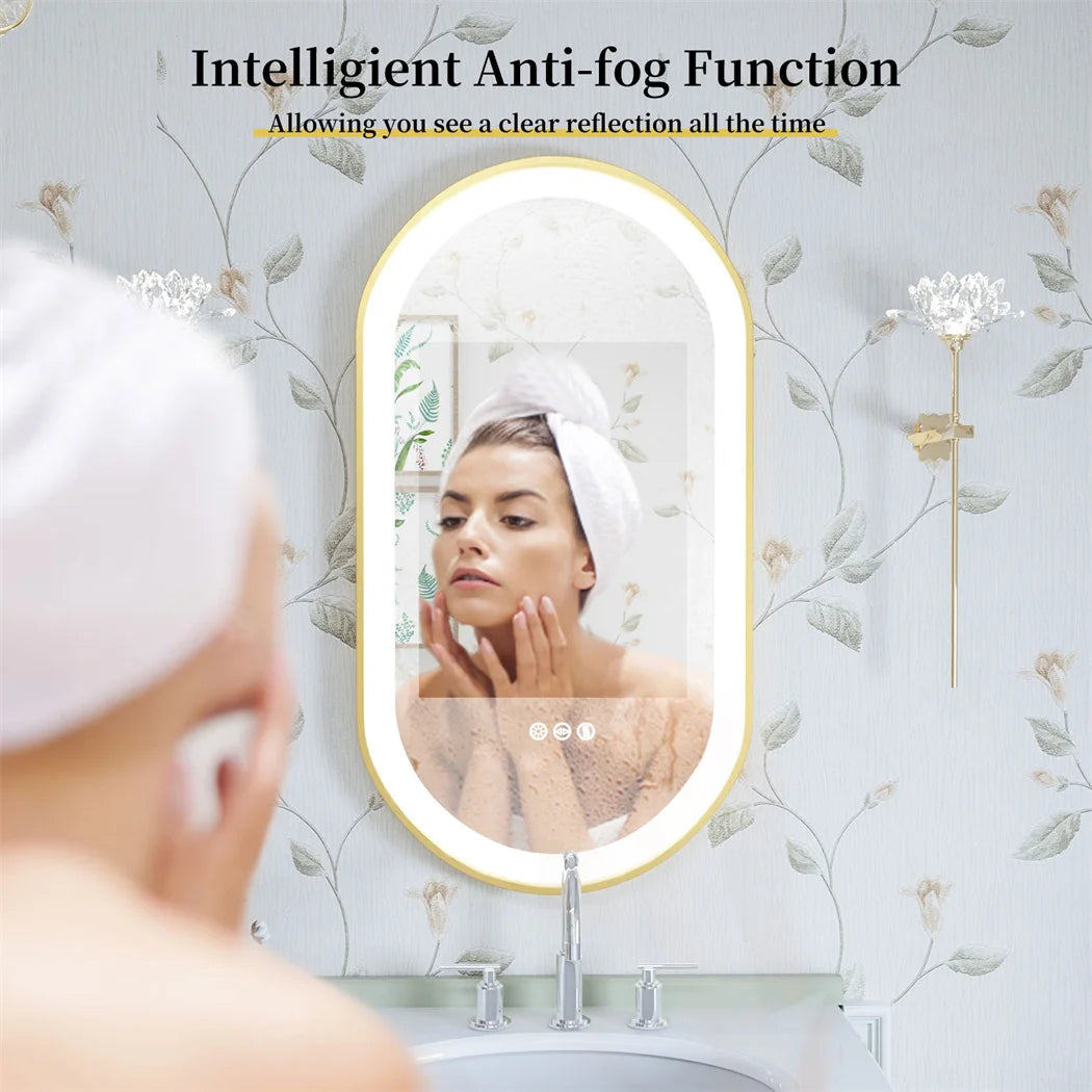 Woman applying cream in front of a mirror with anti-fog function text