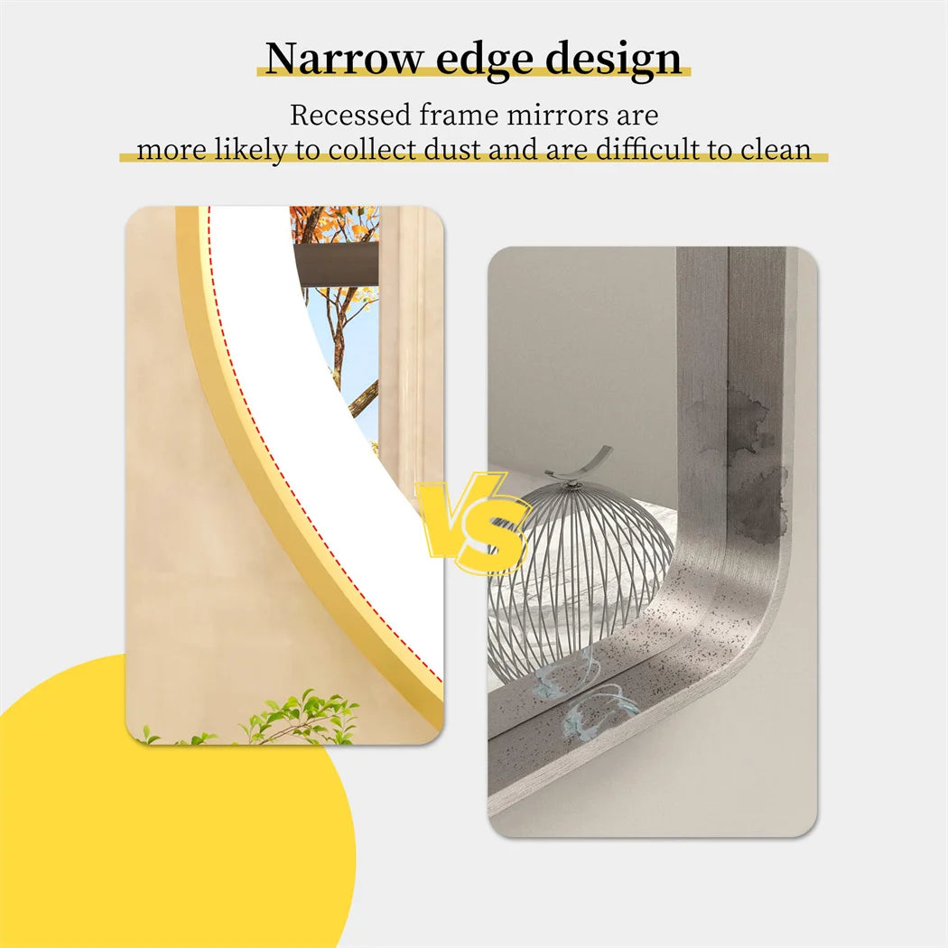 Comparison of recessed frame mirror with narrow edge design and open frame mirror on a white background.