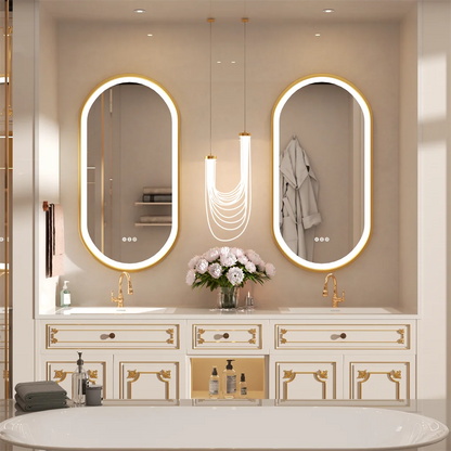 Bathroom vanity with illuminated mirrors, sink, and decorative elements.