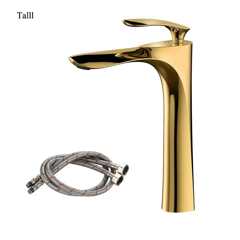 Gold faucet with hose on a white background