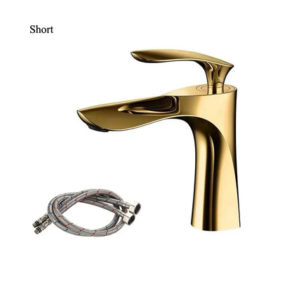 Gold faucet with flexible hose on a white background