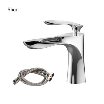 Chrome bathroom faucet with flexible hose on a white background