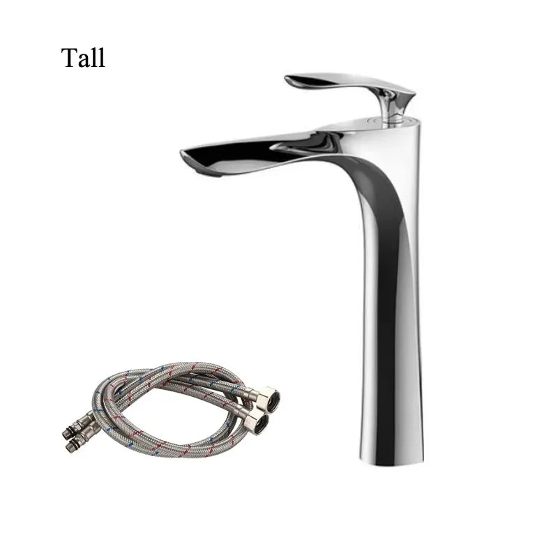 Chrome tall faucet with flexible hose on a white background