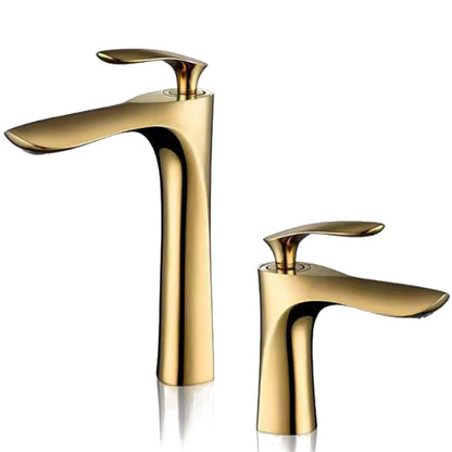 Pair of gold bathroom faucets on a white background