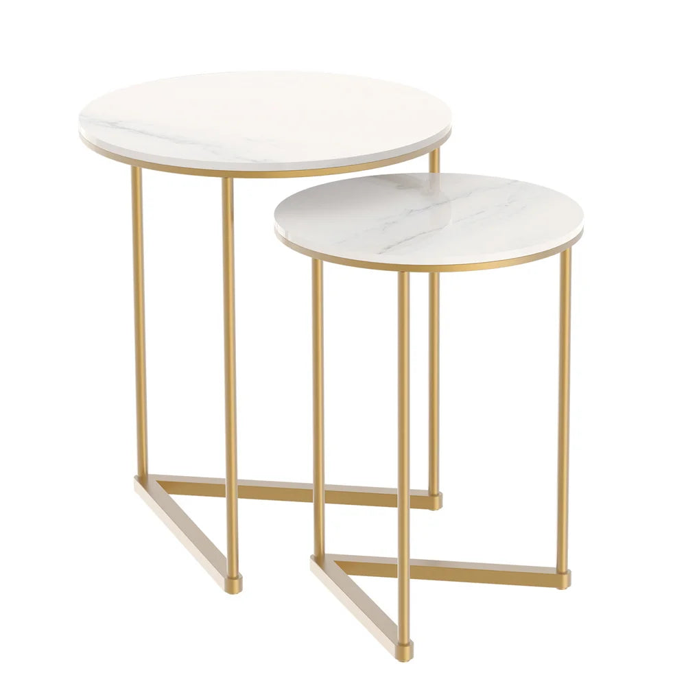 Set of two marble top side tables with gold metal frames on a white background