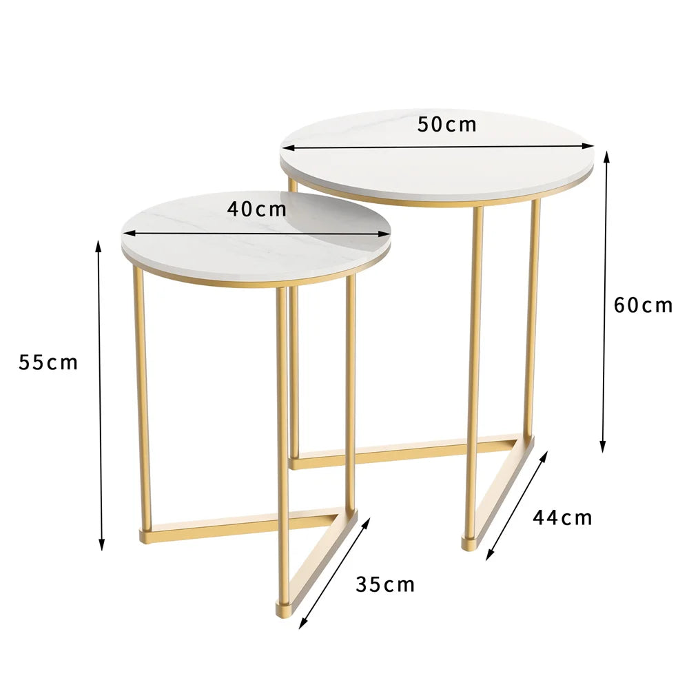 Two round side tables with gold legs and white marble-like tops, showing dimensions on a white background.