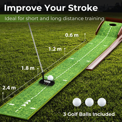 Golf practice mat with golf balls and measurement markers on grass