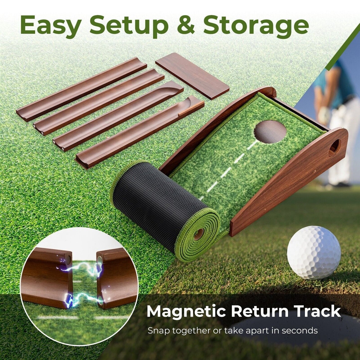 Miniature golf set with magnetic return track on grass, featuring text 'Easy Setup & Storage' and 'Magnetic Return Track'.