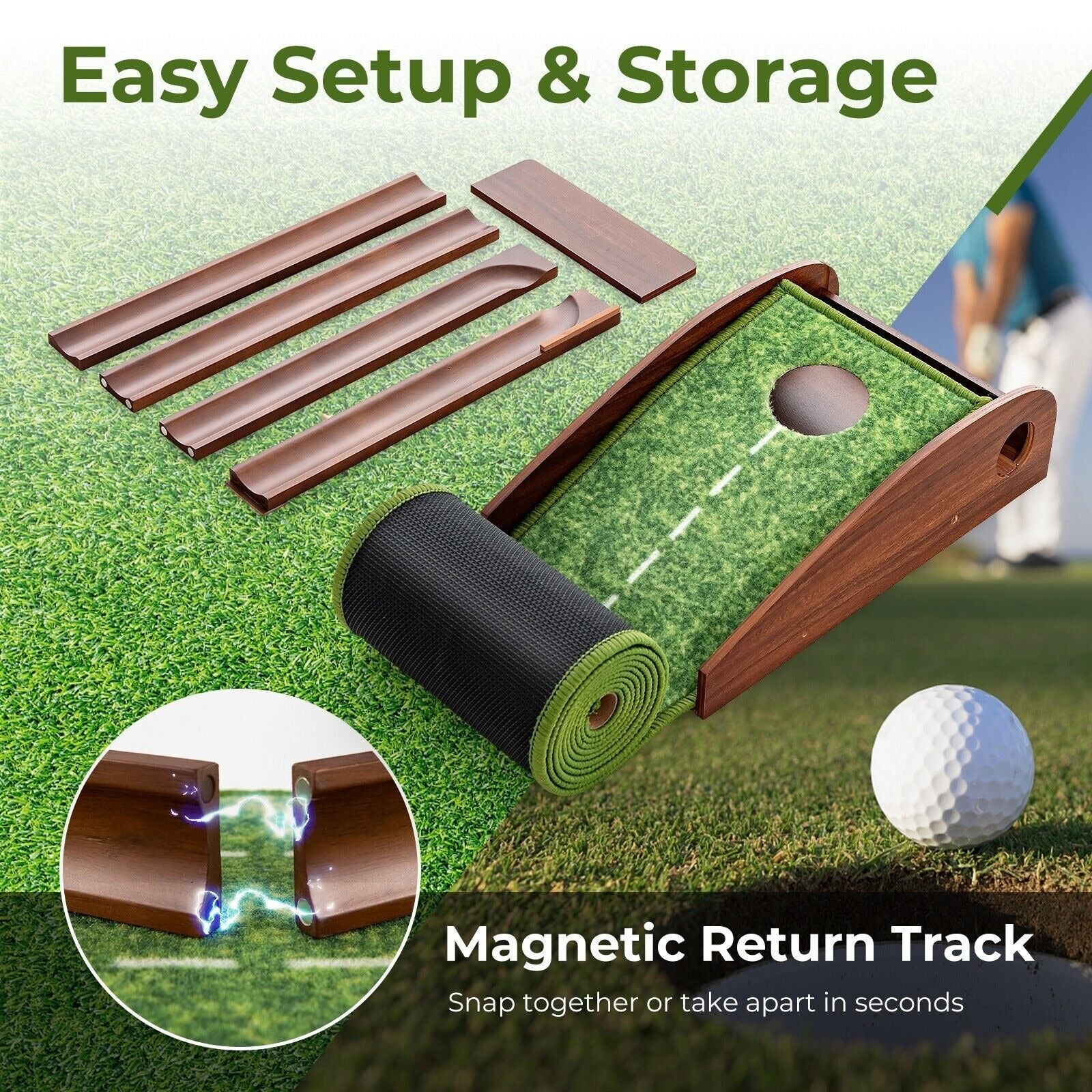 Miniature golf set with magnetic return track on grass, featuring text 'Easy Setup & Storage' and 'Magnetic Return Track'.