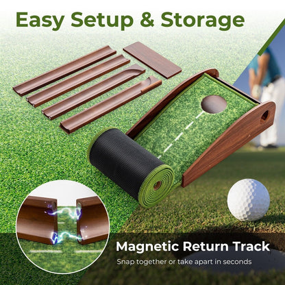 Miniature golf set with magnetic return track on grass, featuring text 'Easy Setup & Storage' and 'Magnetic Return Track'.