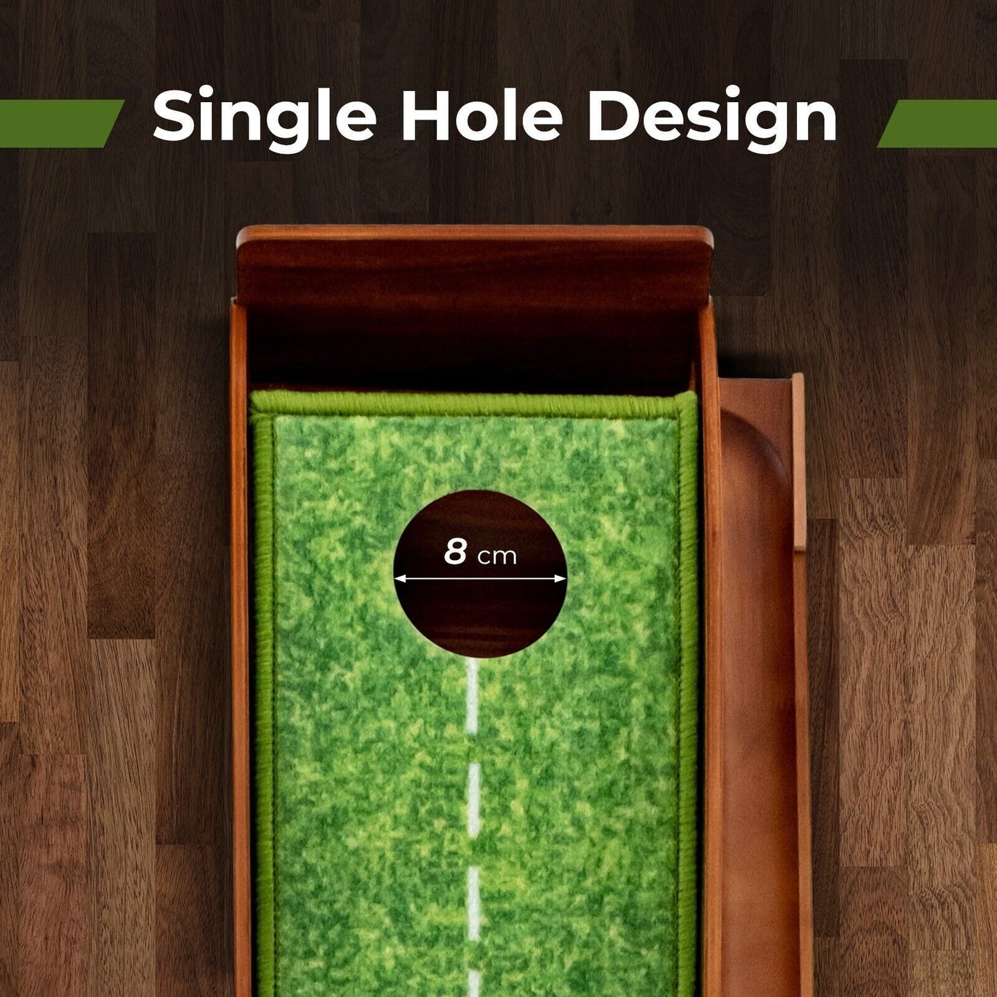 Miniature golf hole with green surface and wooden border on a wooden floor, labeled 'Single Hole Design'.