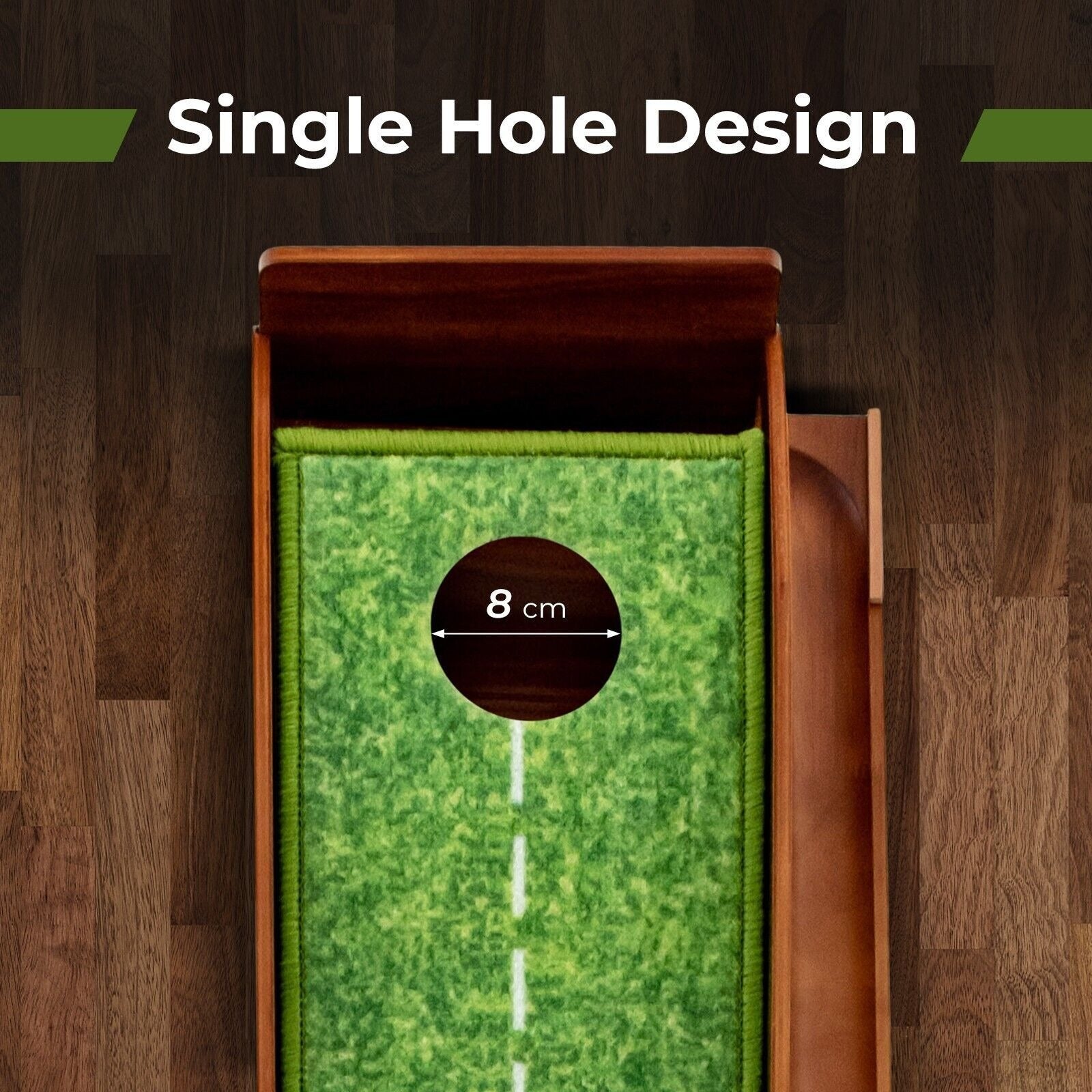 Miniature golf hole with green surface and wooden border on a wooden floor, labeled 'Single Hole Design'.