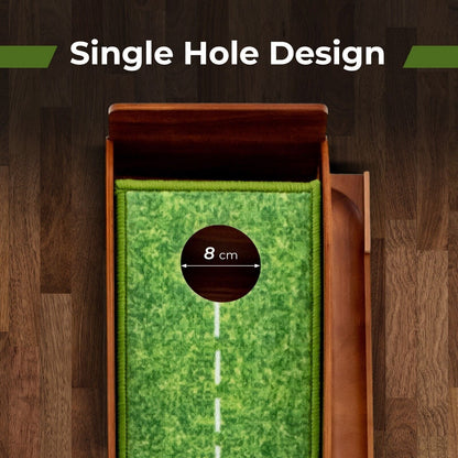 Miniature golf hole with green surface and wooden border on a wooden floor, labeled 'Single Hole Design'.