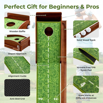 Golf practice mat with features highlighted for beginners and pros