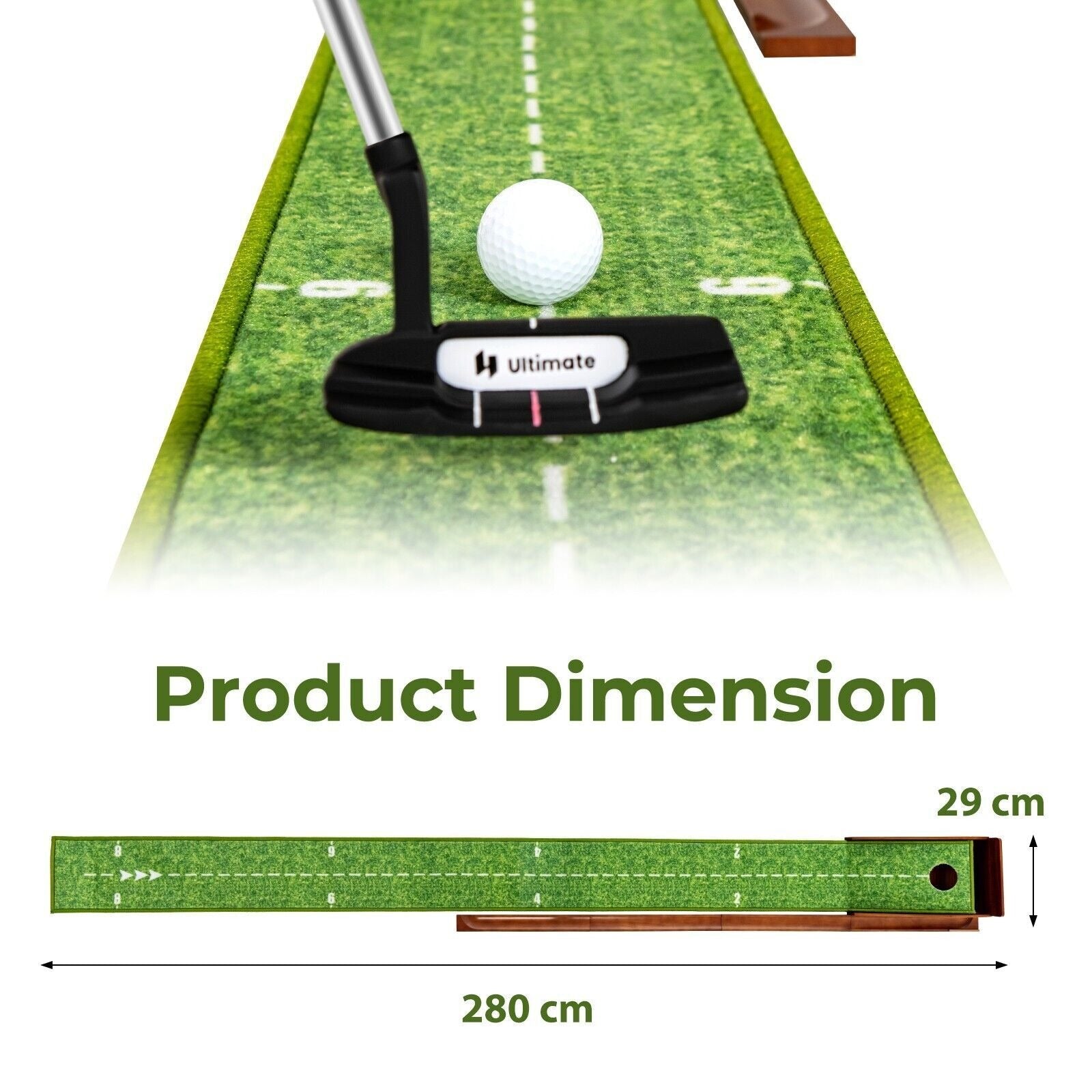 Golf putter and ball on a green mat with product dimensions displayed.