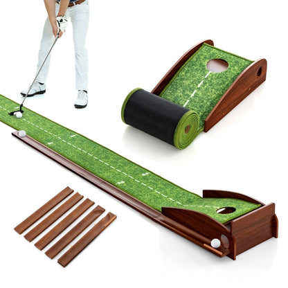 Golf practice mat with adjustable holes and a person practicing golf on a white background