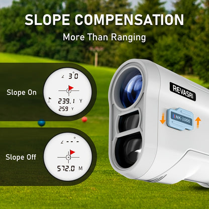 Golf rangefinder with slope compensation feature on a golf course background