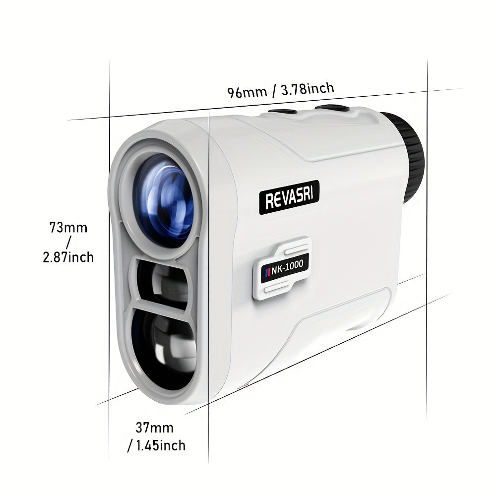 Revasri laser rangefinder with dimensions labeled on a white background