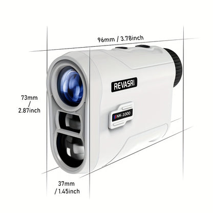 Revasri laser rangefinder with dimensions labeled on a white background