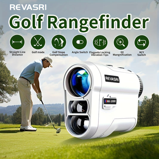 Golf rangefinder with features listed on a golf course background, featuring the brand 'REVASRI'.