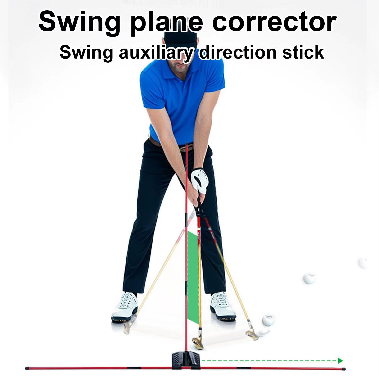 Person using a golf swing plane corrector with text on a white background