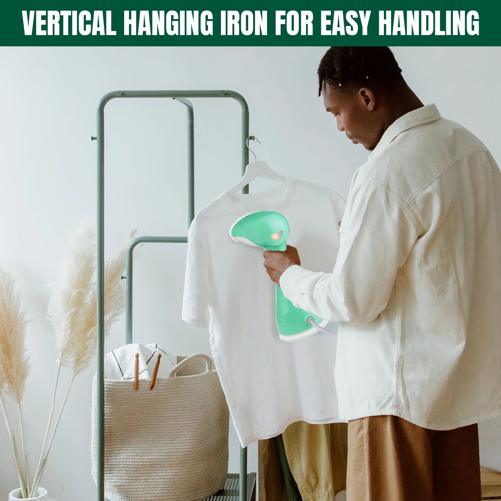 Person ironing a shirt with a vertical hanging iron stand in a room.
