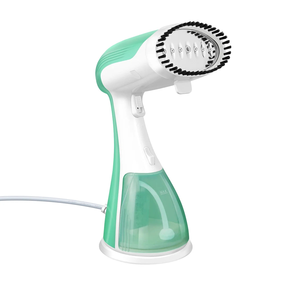 Green and white handheld steamer on a white background