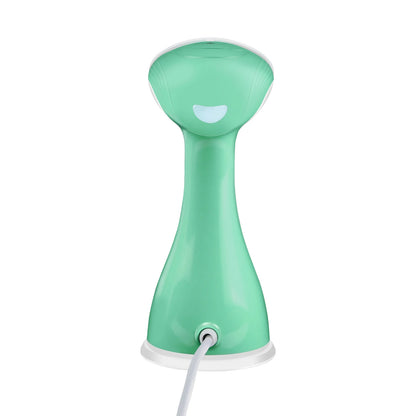 Green handheld steamer on a white background