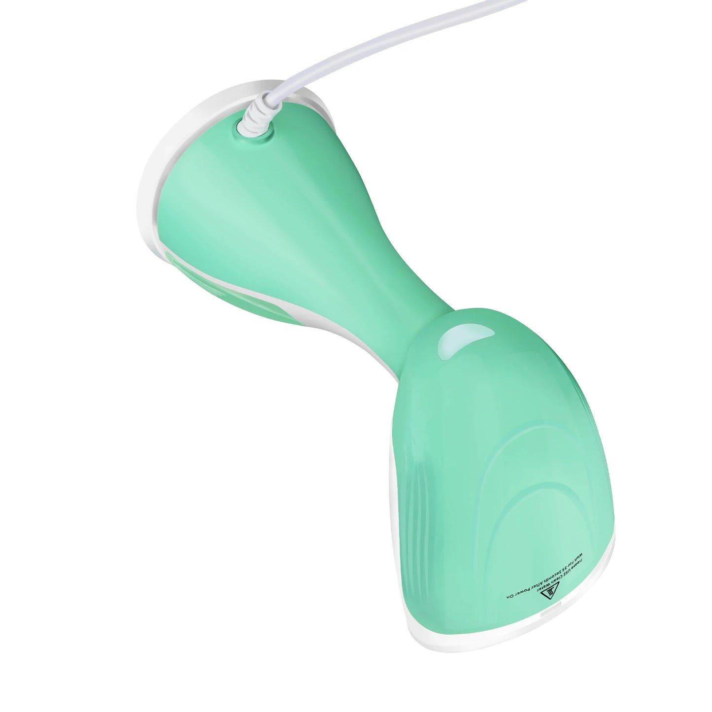 Green handheld device with a white cord on a white background