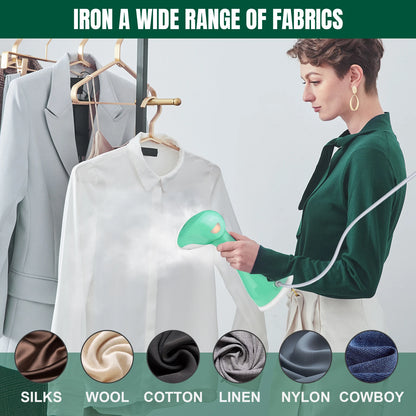 Woman using a green steam iron on a white shirt with fabric types below