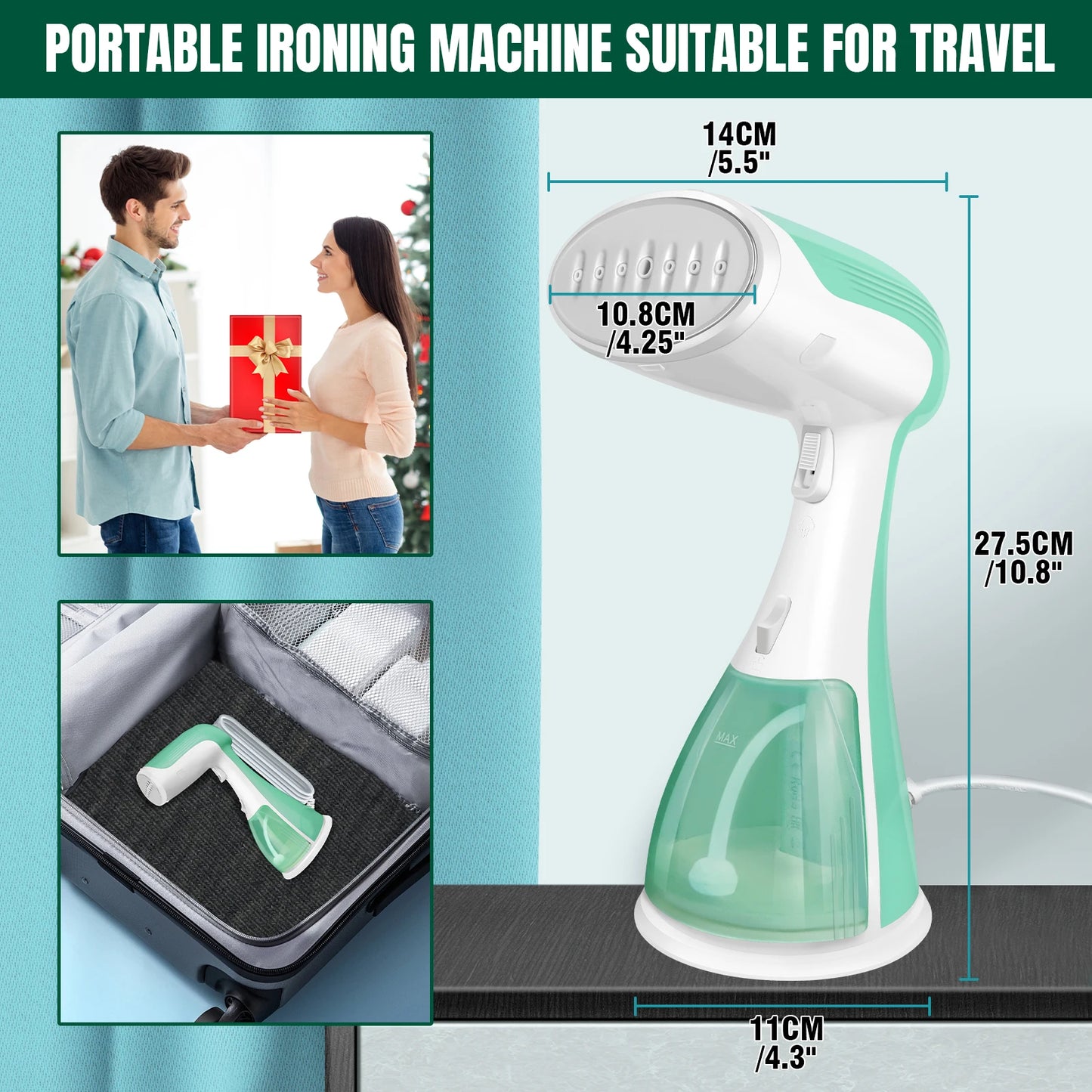 Portable ironing machine with dimensions and usage scenarios on a blue background