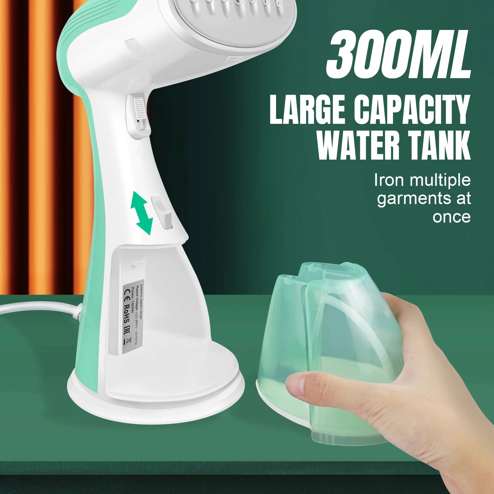 Handheld steamer with a large capacity water tank on a green background