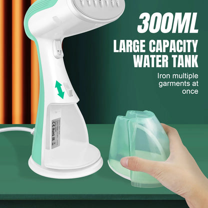 Handheld steamer with a large capacity water tank on a green background