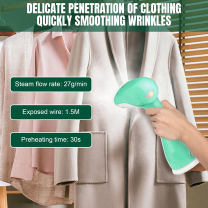 Person using a green handheld steamer to smooth wrinkles on clothing with product specifications displayed.