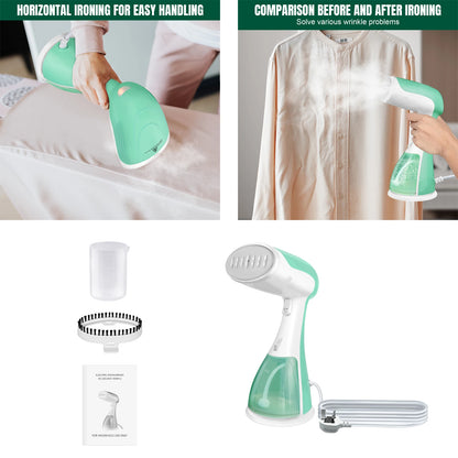 Green handheld steamer with packaging and usage instructions on a white background