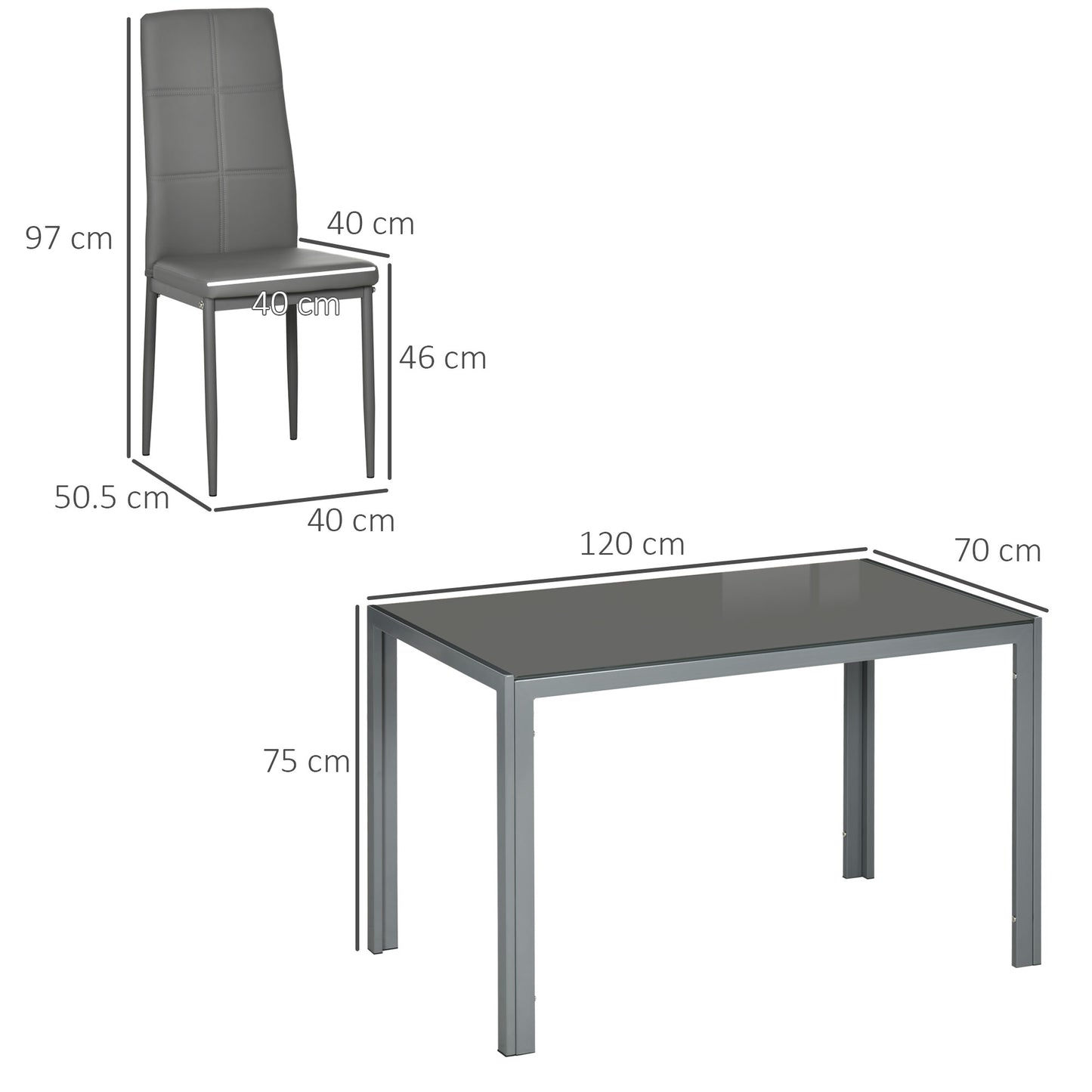 Dining table and chair with dimensions labeled on a white background