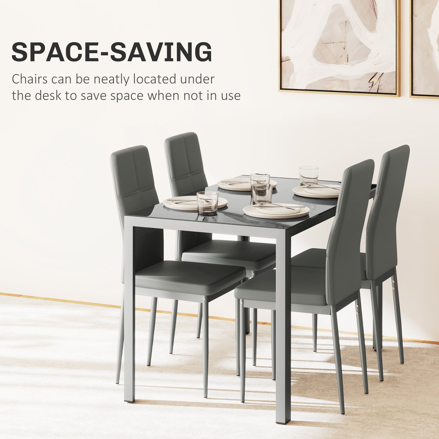 Dining table with chairs in a room, emphasizing space-saving feature.