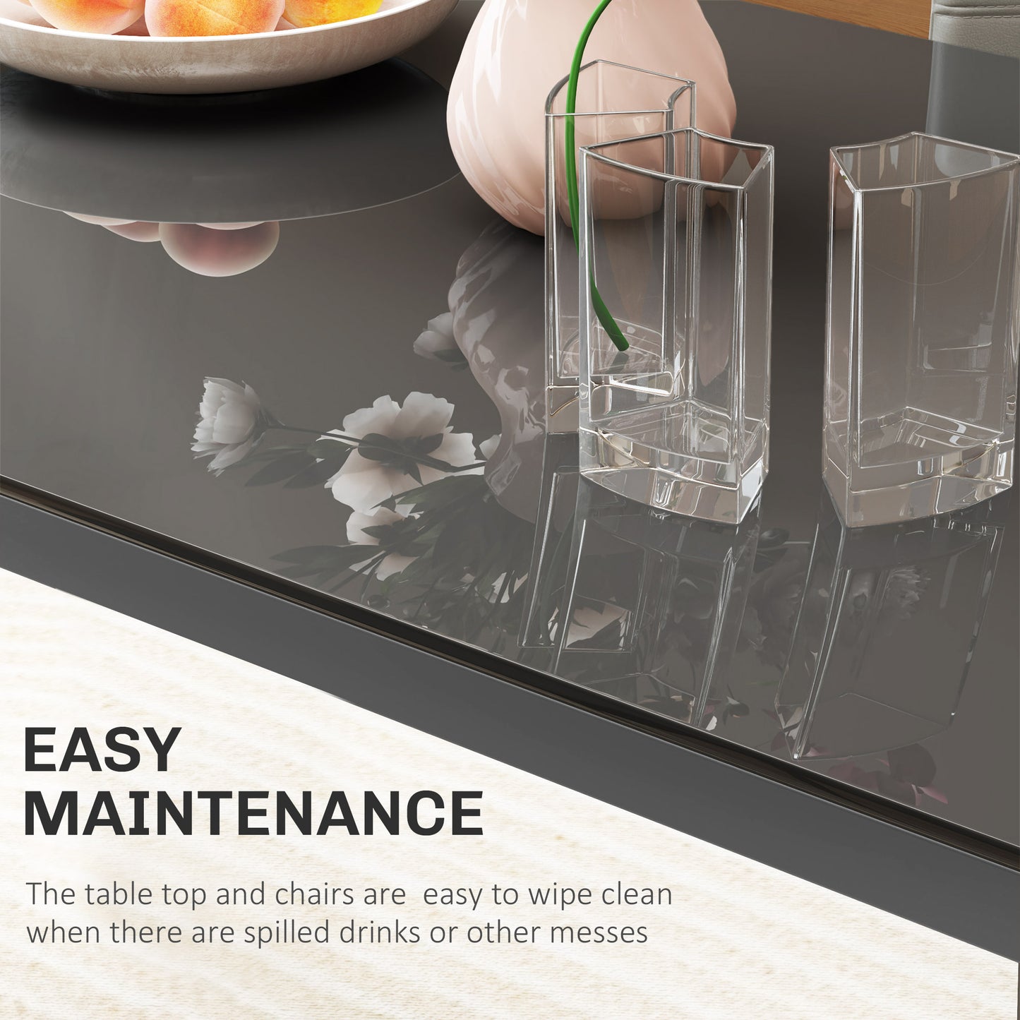Clear glass table with decorative items and text about easy maintenance.