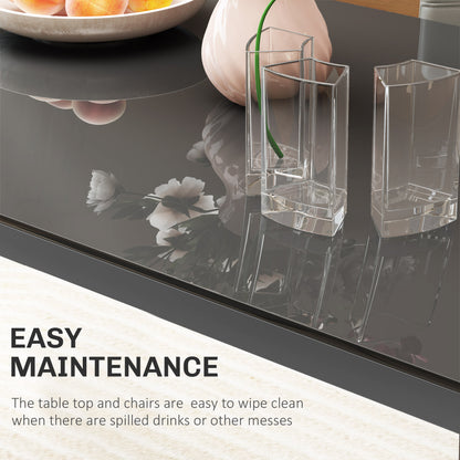 Clear glass table with decorative items and text about easy maintenance.