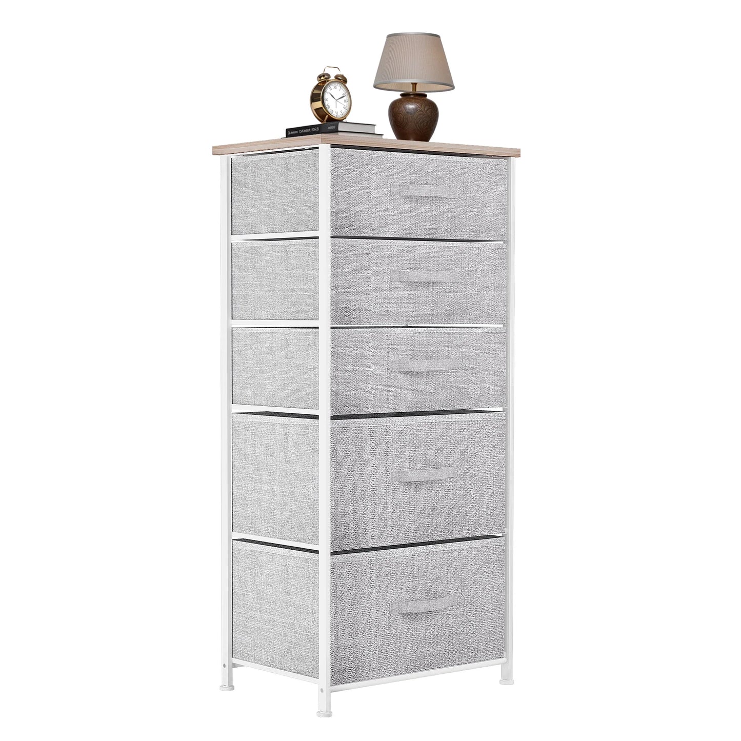Gray dresser with five drawers on a white background