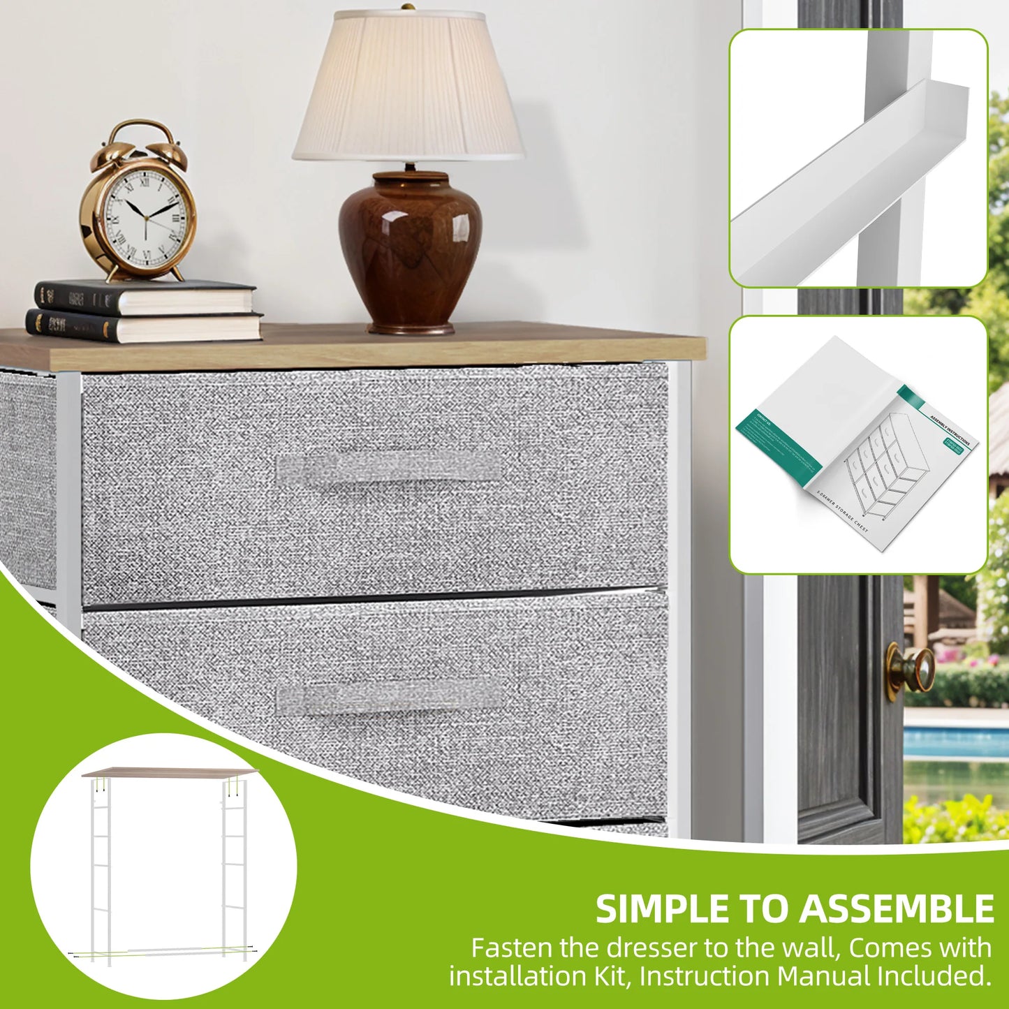 Gray textured dresser with wooden top, lamp, clock, and books on a white wall.