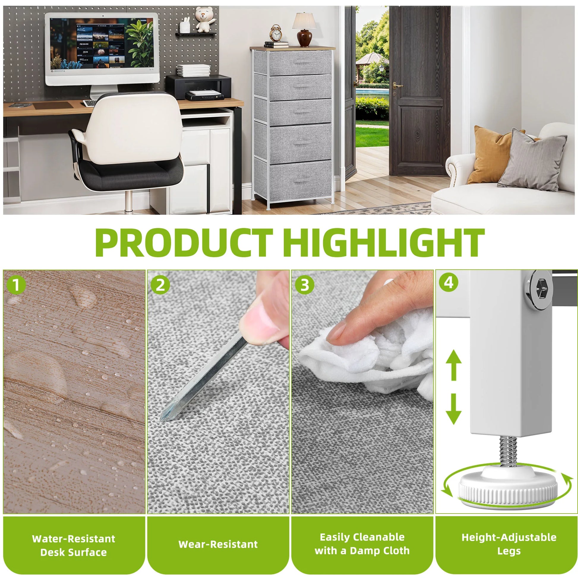 Collage of a home office setup with product features highlighted, including water-resistant desk surface, wear-resistant material, easy cleaning, and height-adjustable legs.