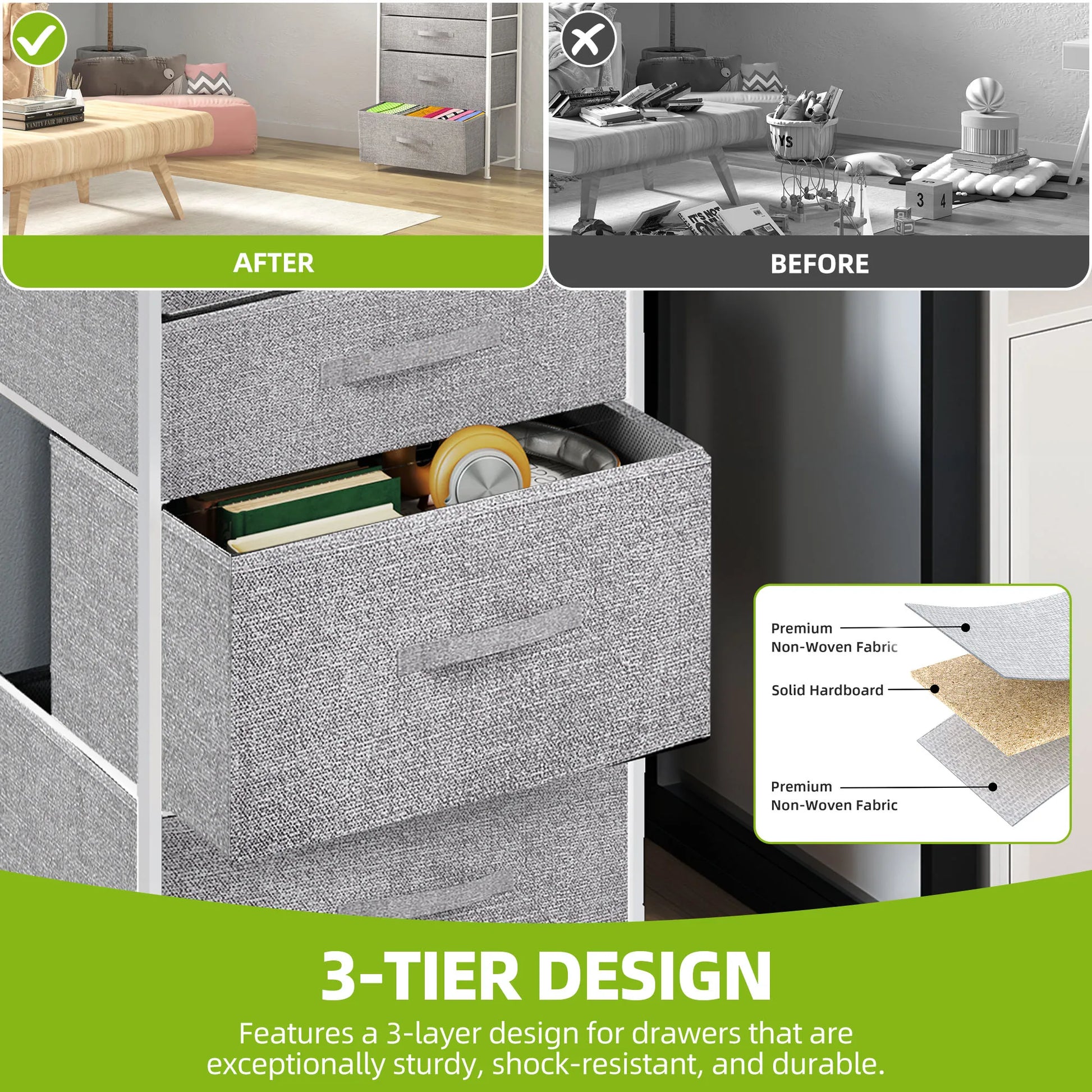 Gray storage drawer with 3-tier design labeled 'After' in a room setting, showing before and after comparison.