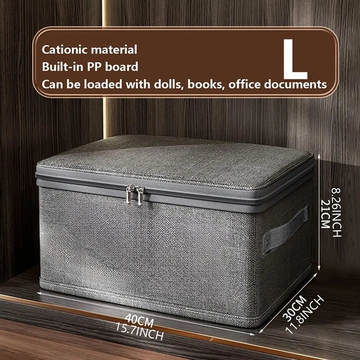 Gray storage box with dimensions on a wooden surface
